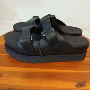 UGG Sandals Womens 9.5 Black Goldenstar Hi Slide Leather Double Strap Platform
